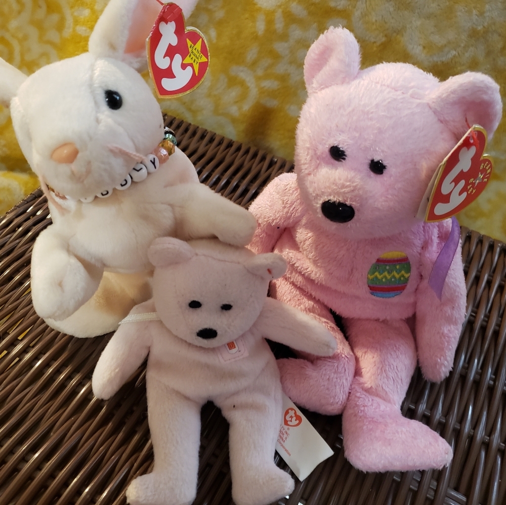 🎀 RARE RETIRED Ty Beanie Babies Spring / Easter Set - 3 Pretty Pink Plushies!